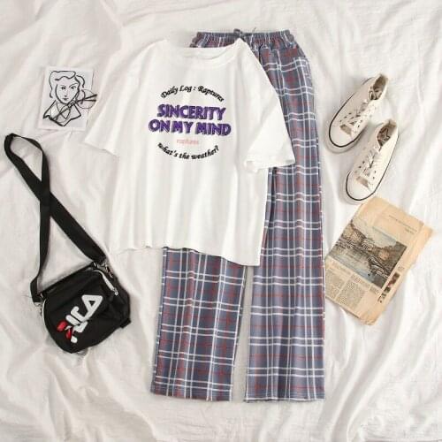 Set 2021 Female Student Sweater + Plaid Wide-leg Pants Suit Spring and Autumn Two-piece Korean Version