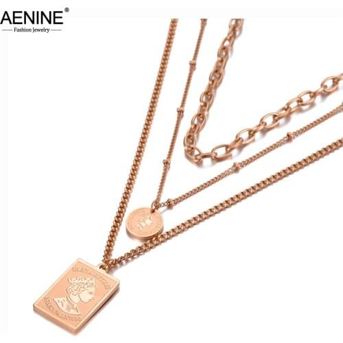 AENINE Fashion Three-layer Queen Avatar Charm Pendant Necklaces Stainless Steel Chain & Link Choker Necklace For Women AN20095