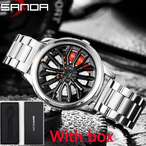 SANDA Men Fashion Hot Sell Car Rim Wristwatch 360 Degree Rotating Wheel Rim Dial Watches Stainless Steel Waterproof Sport Clock