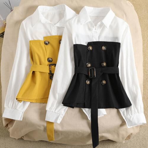 2020 New Spring Fake Two-piece Jacket Female Shirt Korean Women Blouse Patchwork Pullover Blusas Top Stitching POLO Collar Coat