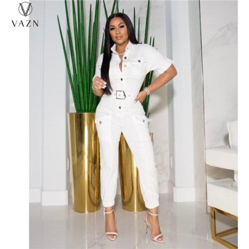 VAZN 2021 Women Fashion New Street Casual Style Jumpsuits Short Sleeve Lapel Pockets Pure Color Jumpsuits Long Pants