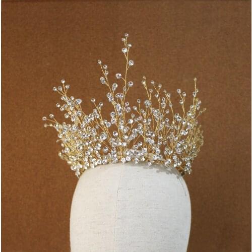 Luxury Retro Bridal Headdress Golden Bracket Crystal Rhinestone Crown Hair Hoop for Wedding Perform Studio Travel Photo O875