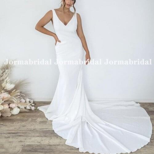 Sexy Mermaid Wedding Dresses Boho V-Neck Open Back White Stretch Satin Wedding Gown Simply Long Chapel Train Bridal Dress 2021