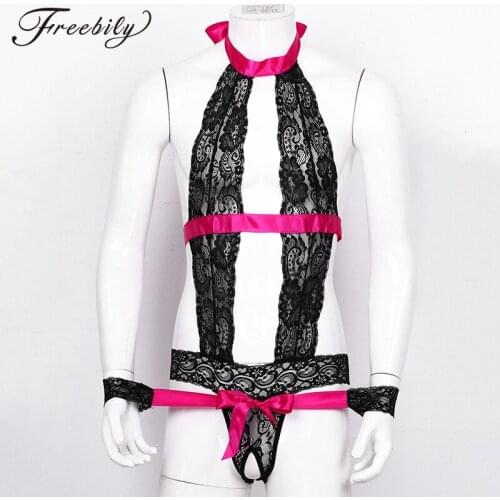 Sheer Lace Lingerie Halter Neck Backless Hollow Out Bodysuit with Bracelets Sexy Gay Men Underwear Babydoll Nightwear Sleepwear