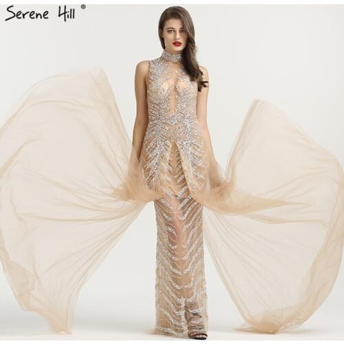 Sexy Arabic Off Shoulder Long Champagne Beaded Sequin Mermaid Formal Evening Party Dress Gown Lebanon Abiye Gowns BLA6564