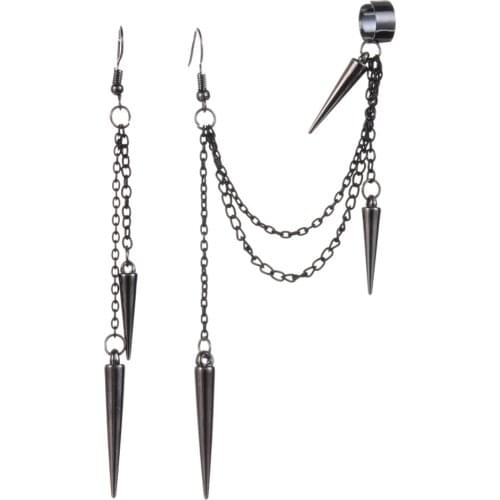 Men Retro Black Tassel Chain Long Earrings Punk Earrings Hiphop Rivet Earrings For Women Gothic Party Jewelry Pendientes