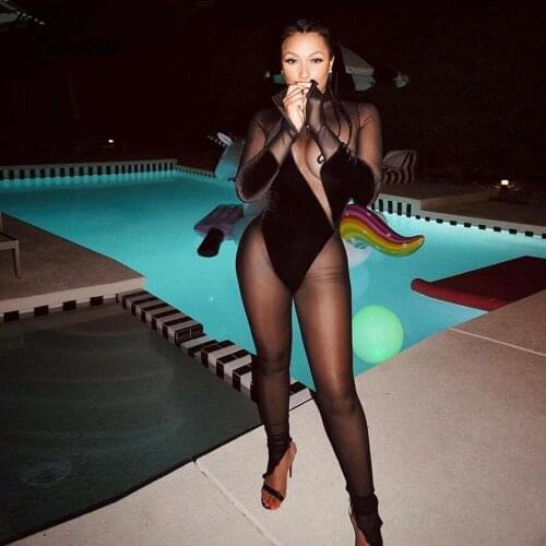 Mesh See Through Patchwork Long Sleeve Jumpsuit Women Skinny Rompers Workout Long Bodysuit Full Length Outfit Sportwear