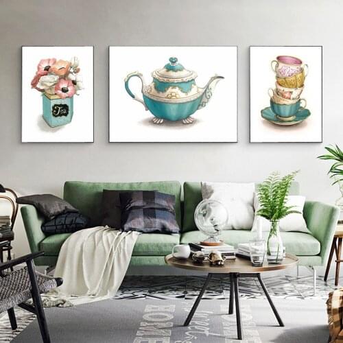 Vintage Tea Cups Flower Posters Prints Nordic Canvas Painting for Kitchen Dining Room Wall Decor Modern Art Pictures Home Murals