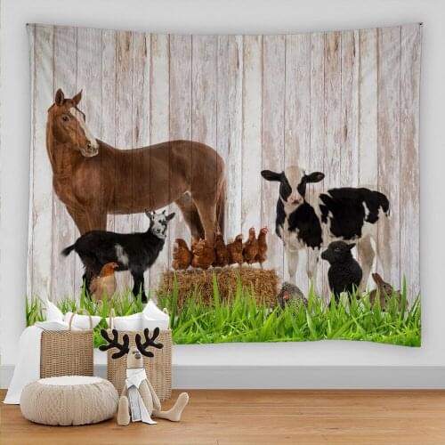 Vintage Retro Wood Grain Farm Animal Tapestry Wall Hanging Flowers and Plants Horse cow chicken Tapestries for Home Room Decor