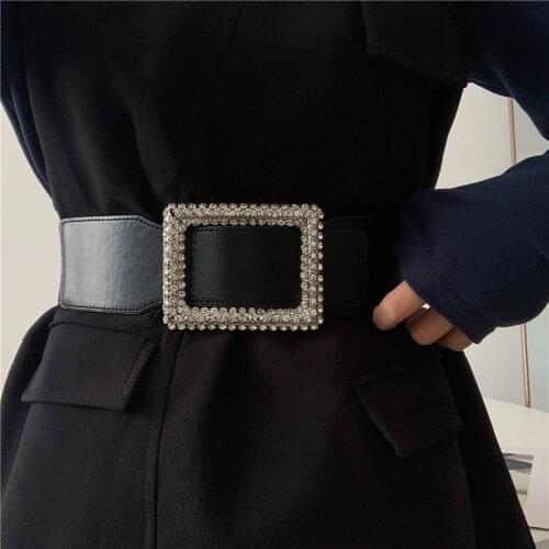 Women Waistbands Fashion Crystal Alloy Buckle Elastic Cummerbunds Female Dress Corsets Waist Seal Party Decorate Wide Black Belt