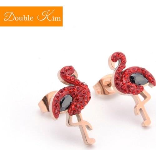Red Flamingos Stud Earrings Titanium Stainless Steel Inlaid Zircon Earrings Rose Gold Color Fashion Trendy Women Jewelry Gift