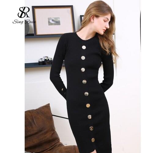 SINGRAIN Women Irregular Knitted Dress O Neck Long Sleeve Elastic Slim Sweater Dress Fashion Autumn Winter Bodycon Vestidos