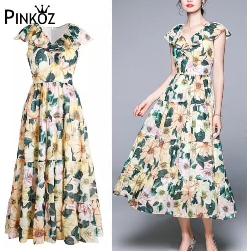 Pinkoz 2021 Summer Designer New Vacation Dress Womens V-Neck Ruffles Fashion Yellow Camellia Print A-Line Maxi Dresses fiesta