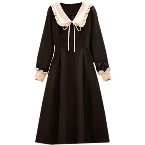 Plus Size 4XL Womens Vintage Bowknot Dress 2021 New Spring Fall New Fashion Slim Long Sleeve Dress Black Female A-line dress