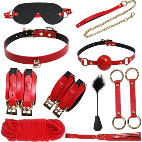 10pcs Kit Sex Toys For Adult Game Real Leather BDSM Bondage Kits Handcuffs Blindfold Shackles Sex Game Whip Gag For Couples