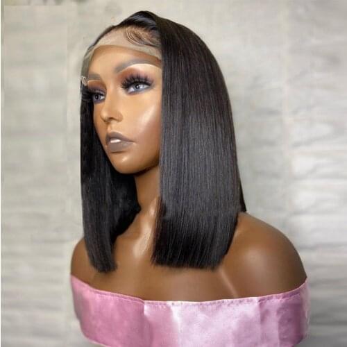 12Inch Short Bob Silky Straight Synthetic Lace Front Wig For Black Women Heat Resistant Fiber Hair Daily Wear Wig 180%Density