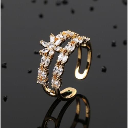 2020 Hot Sale Womens Trendy Gift Copper Ring Opening Style Zircon Ring Floral Double-layer Design Finger Ring CZ Jewelry