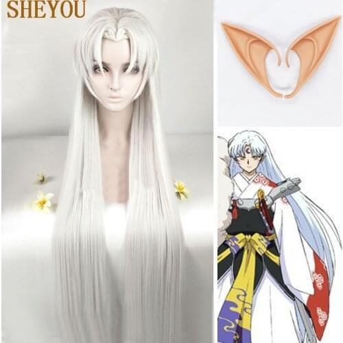 39in 100cm Long Inuyasha Sesshomaru Wig With Ears Heat Resistant Cosplay Silvery Synthetic Hair Peruca + Wig Cap