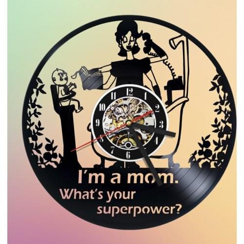 Happy Mothers Day 3D Vinyl Record Clock Room Decor LED Clock Round Hollow Hanging Wall Clocks Best Gift for Our Super Mom