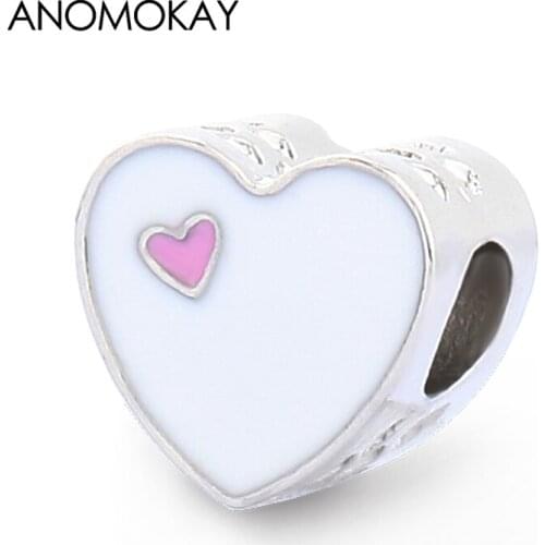 Anomokay European & American Trendy Double Heart Charm for Women Girl Lovers DIY Jewelry Gift Pink White Love Beads fit Bracelet