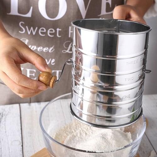 Behogar Flour Sifter 3-Cup Single-Layer Stainless Steel Hand Crank Flour Icing Sugar Powder Sifter for Home Kitchen Baking Tool