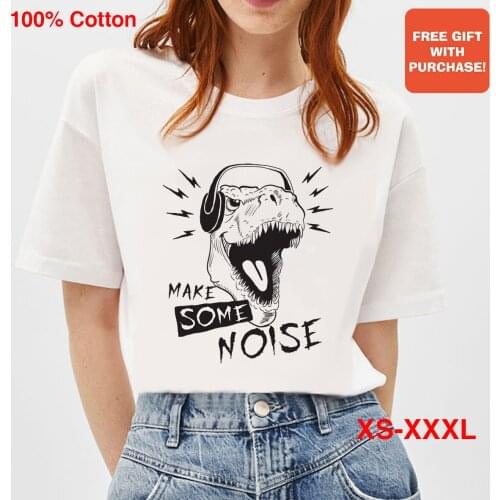 BLINGPAW Make Some Noise Funny Cartoon T Shirt Harajuku Anime Printed Top&Tees Plus Size White Casual O-Neck Tops Women Clothes