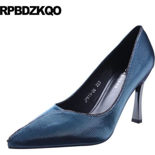 Satin high heels blue 2019 slip on pointed toe stiletto thin brand designer shoes women black size 4 34 pumps fashion scarpin