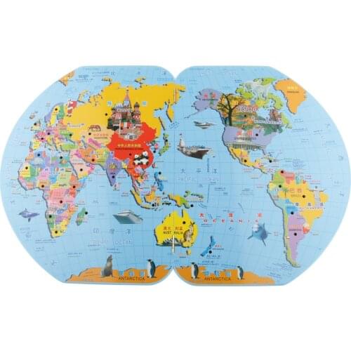Wooden World Map Matching Puzzle Geography Flag Stand World Map & 36 Flags