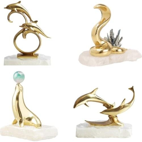 Natural Clear Quartz Pure Copper Dolphin Figurine Aquatic Animals Healing Crystal Stone Crafts Modern Minimalist Home Decoration