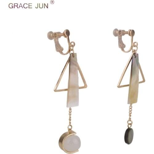 GRACE JUN Luxury Fashion Opal Shell Long Tassel Triangle Geometric Shape Clip on Earrings Non Piercing for Women New Years Gift