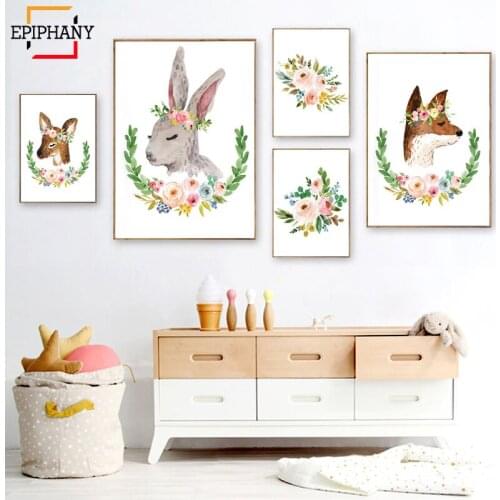 Woodland Nursery Decor Girl Boho Animal Bunny Deer Wall Art Flower Crown Painting Pictures Baby Kids Bedroom Posters and Prints