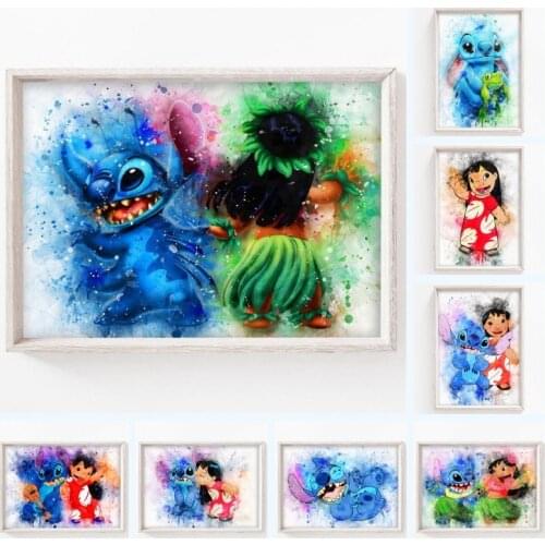 Disney Cartoons Lilo and Stitch Watercolor Canvas Art Paintings Poster Print Wall Art Picture for Nursery Room Home Decoration