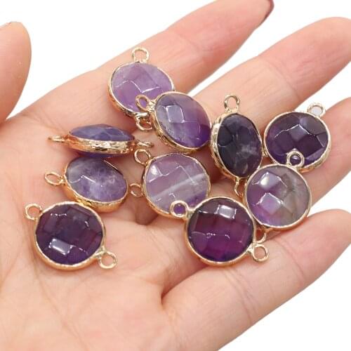 Natural Crystal Round Amethysts Connectors Faceted Gold plated Pendant for Jewelry Making DIY Necklace Bracelet Accessories