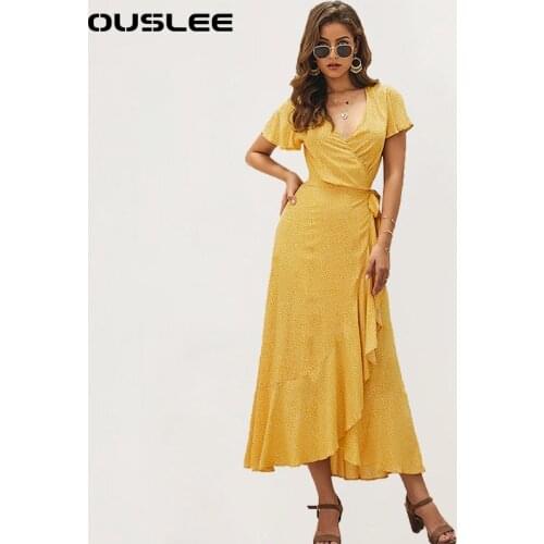 OUSLEE Sexy V Neck Printed Boho Maxi Dress Women Vintage Irregular Elegant Party Long Dresses Female Casual Beach Sundress Femme