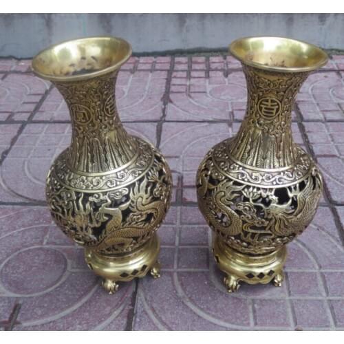 A pair Home Decor Metal Crafts vases chinese brass carved Dragon and Phoenix Big vase free shipping