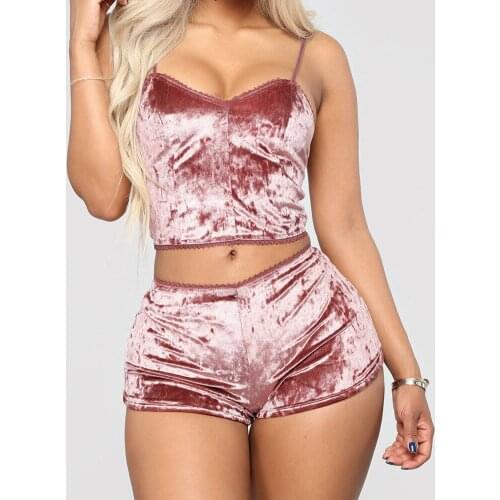 Sexy Pink Red Silk Satin Velvet Pajamas Set Women Sleepwear Nightwear Crop Tops and Shorts Pijamas Pj Sets