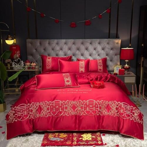 Luxury Red Chinese Wedding Bedding Set Gold Embroidery Satin Silk Cotton Duvet Cover Flat/Fitted Sheet Pillowcases Home Textiles