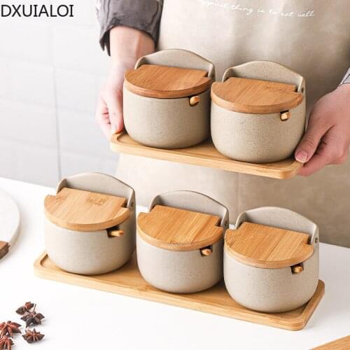 Modern minimalist ceramic bamboo wood cover seasoning jar seasoning box kitchen storage tank restaurant household salt sugar set