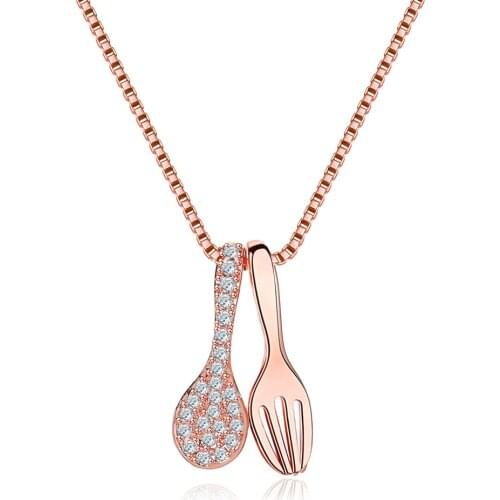 Creative Rhinestone Fork Spoon Pendant Necklaces for Women Ladies Rose Gold/Silver Color Clavicle Chains Unique Necklace Jewelry