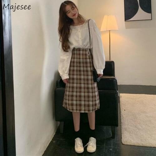 Women Sets Harajuku Sweet White Shirts Long Sleeve Simple Plaid Skirts High Waist Classic Korean Style Chic Lovely 2 Piece Fall