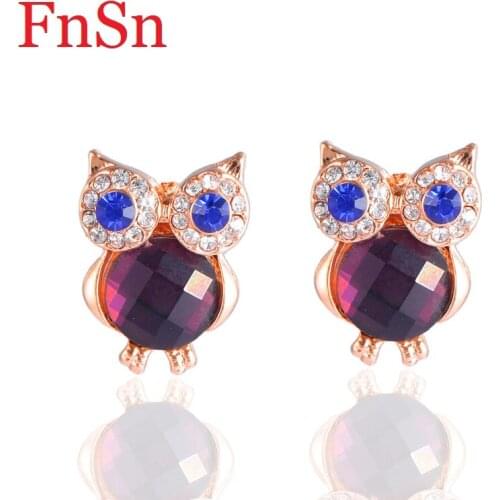 New 2017 Hot Earrings Cute Owl Crystal Stud Earrings For Women Trendy Rose Gold Color Zinc Alloy Animal Jewelry Gift Wholesale
