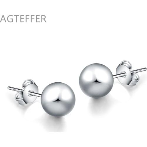 AGTEFFER 925 Sterling Silver 8mm / 10mm Smooth Circle Bead Earrings Woman Simple Fashion Silver Jewelry