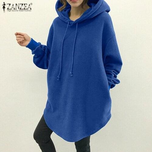 Oversized Womens Hoodies ZANZEA 2021 Autumn Long Sleeve Sweatshirts Casual Solid Loose Long Drawstring Pullovers Streetwear