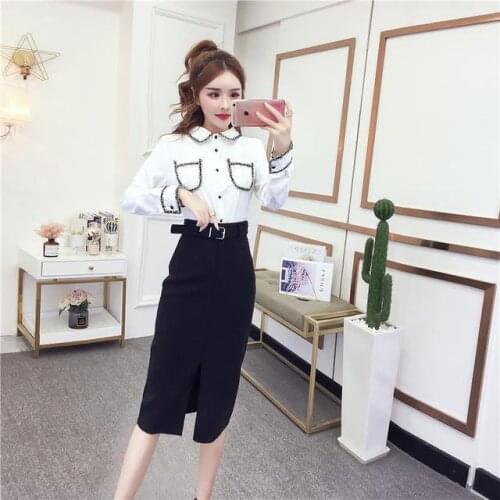 Women 2021 Spring Autumn New 2 Piece Sets Female Long Sleeve Thin Shirts Ladies High Waist Split Package Hip Skirt Suits E331