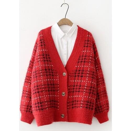 Women Christmas Cardigan 2021 Winter Warm Plaid Sweater Coat Knitwear Korean Fashion Ladies Long Sleeve V-neck Soft Jumpers Top