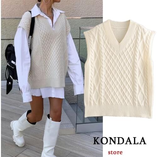 KONDALA Za Fashion 2021 Womens Sweater Vest Casual Beige V Neck Sleeveless Twisted Pullovers Female Vintage Waistcoat Chic Top