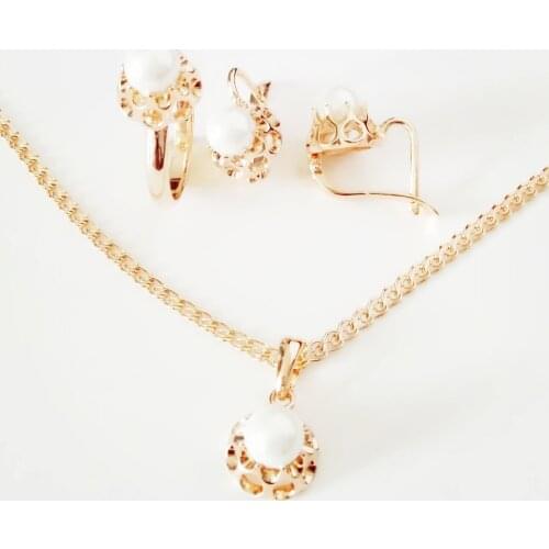 585 Gold Jewelry Set Rose Gold Pearl Jewelry Set Fashion Wedding Jewelry Women Jewelry Earring +Ring+Necklace Pearl Jewelry Sets