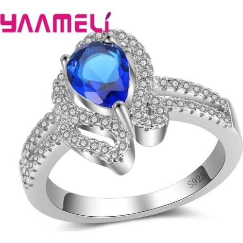 Clear CZ Zircon Drop Crystals Engagement Party 925 Silver jewelry Fashion Eternity Rings Ladies Big Band rings