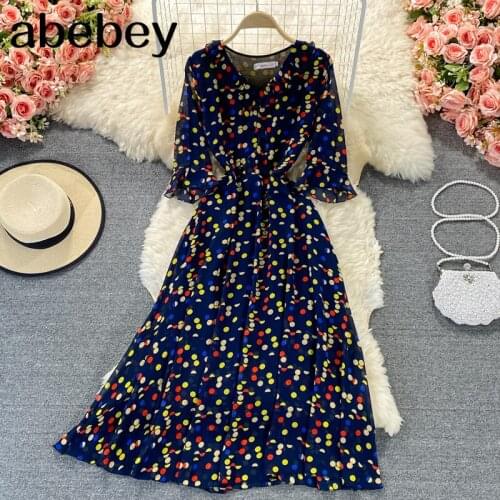 2021 New Summer Women French Vintage V-Neck long sleeve Dress high waist pleated waist Ruffles floral A-line Dress