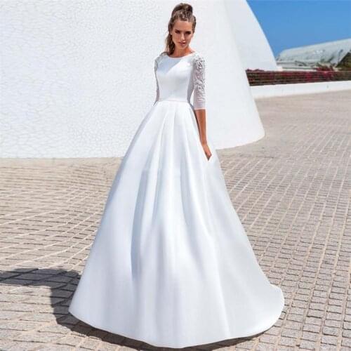 Simple Satin Appliques A-line Half Sleeves Wedding Dress 2020 New White Dress Bride Wedding Gowns vestido de noiva princesa